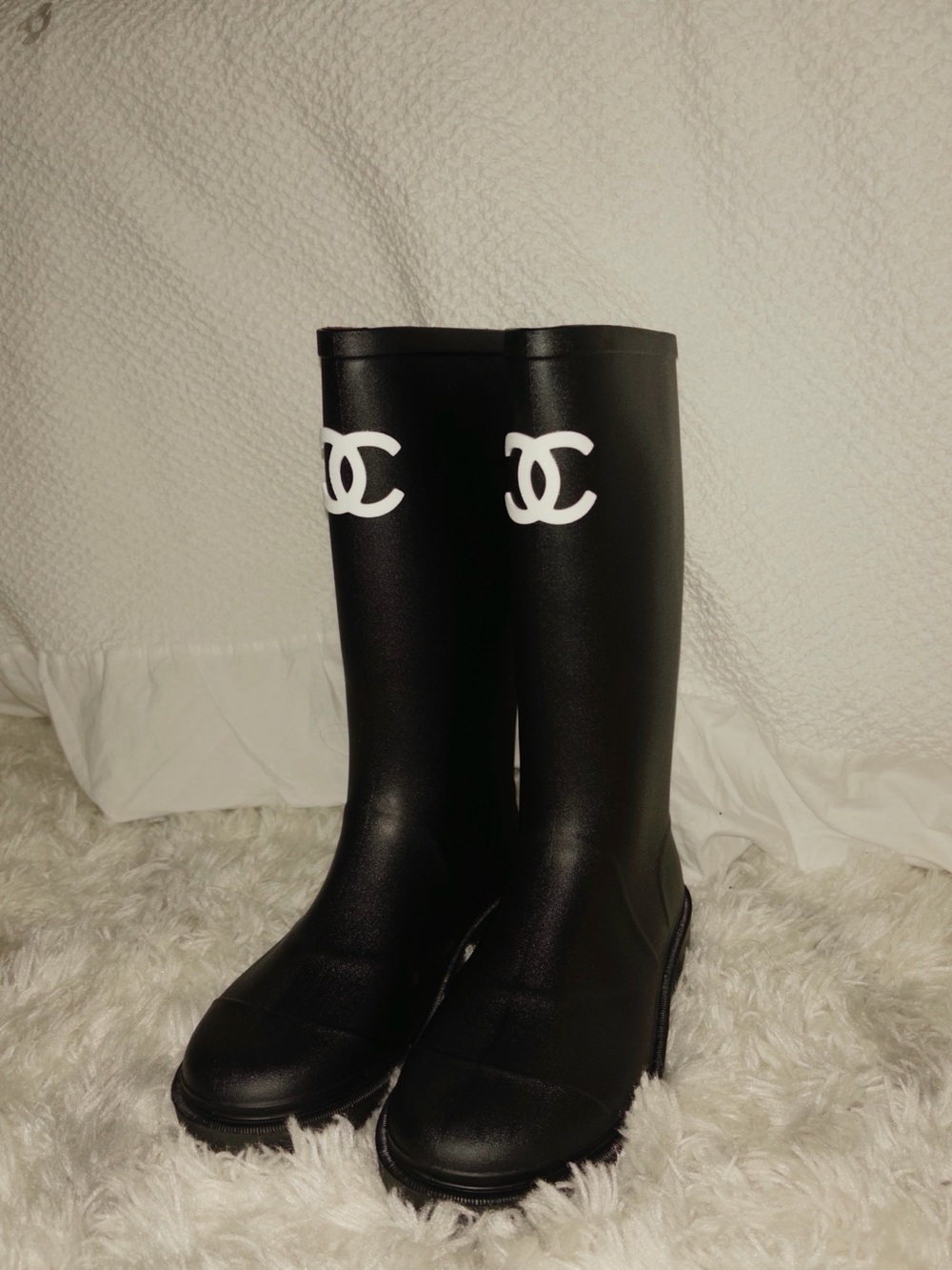 CHANEL Black Rain Boots with White CC Emblem
